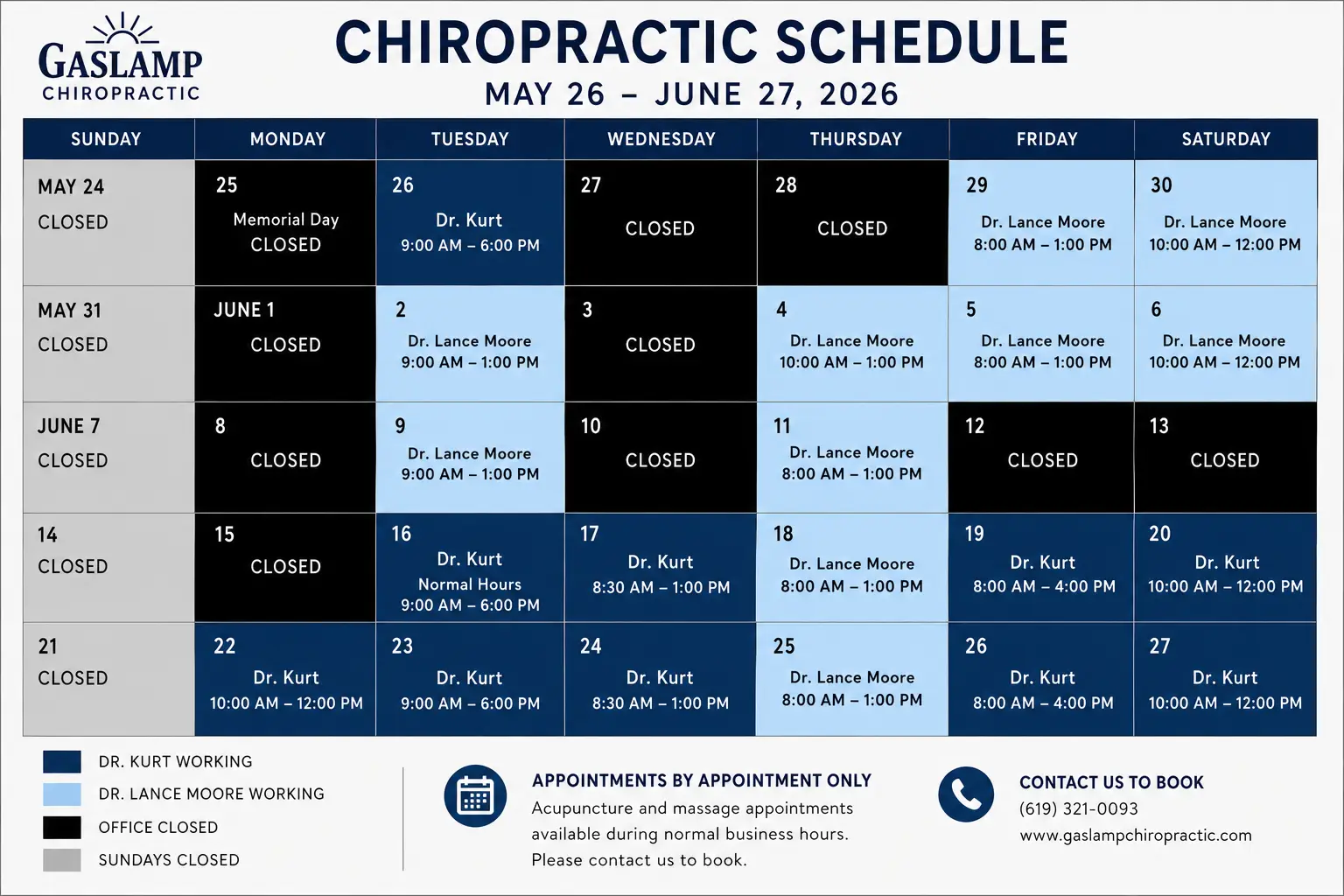 Chiropractic Downtown San Diego CA May 2026 Calendar